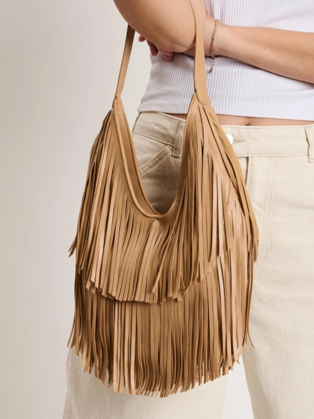 Moda Luxe Tan Fringed Hobo Shoulder Bag